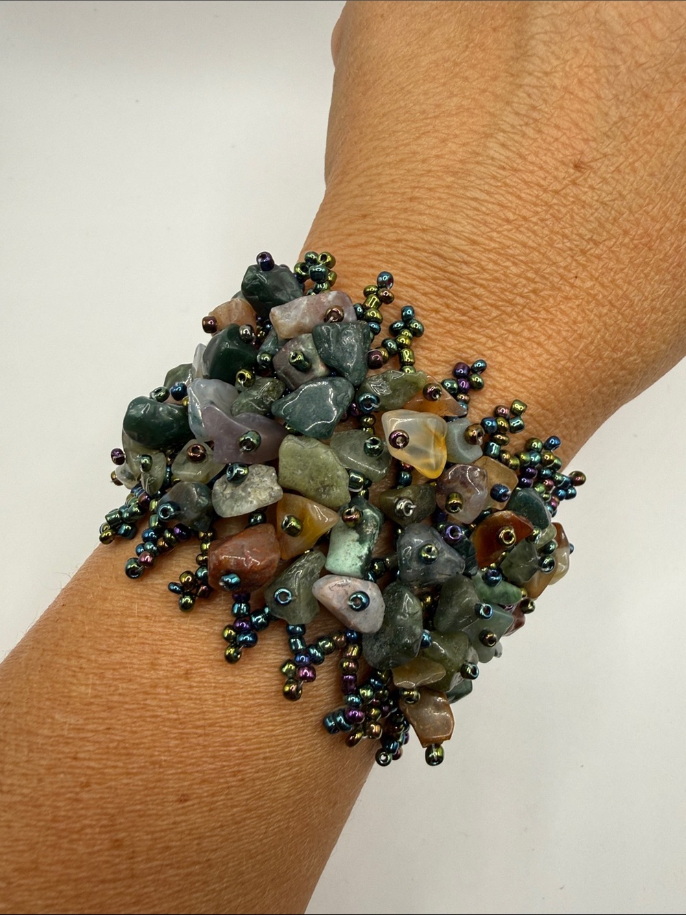 Vintage Native American Style Green Multicolored Seed Beaded Cuff Bracelet